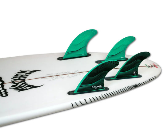 F6 HC Legacy 5 Fin Futures Fins installed on surfboard view