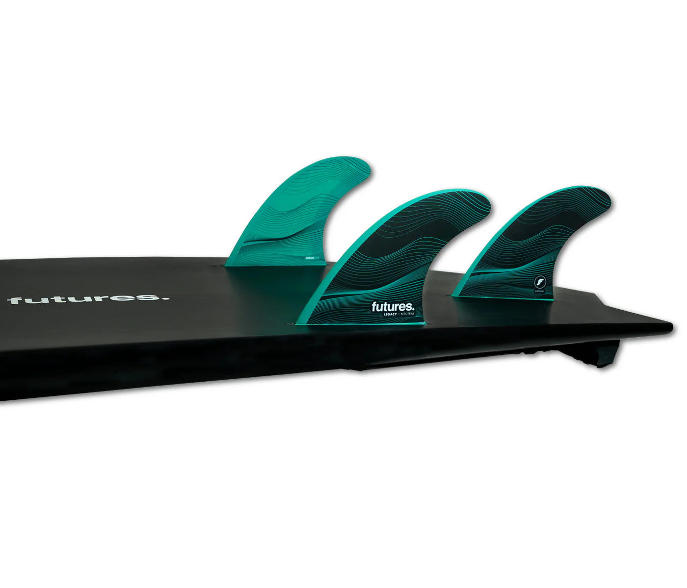 F6 Honeycomb Legacy Tri Futures Fins installed on surfboard view