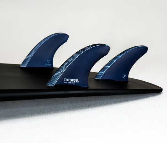 JJF Scimitar Vapor Core M Futures Fins installed on surfboard view