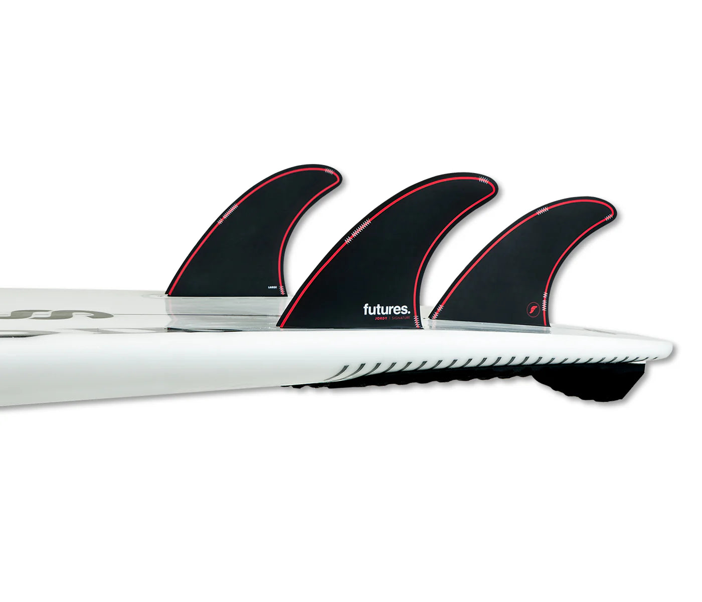 Jordy Signature Honeycomb Thruster Large Futures Fins installed on surfboard view
