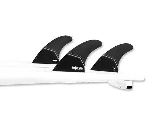JS Honeycomb Tri Fin Large Futures Fins installed on surfboard view