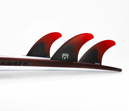 Mayhem 3.0 Honeycomb Tri Large Futures Fins installed on surfboard view