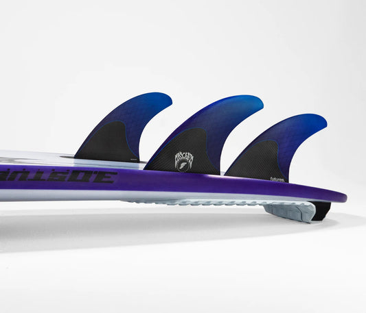 Mayhem 3.0 Honeycomb Tri Medium Futures Fins installed on surfboard view