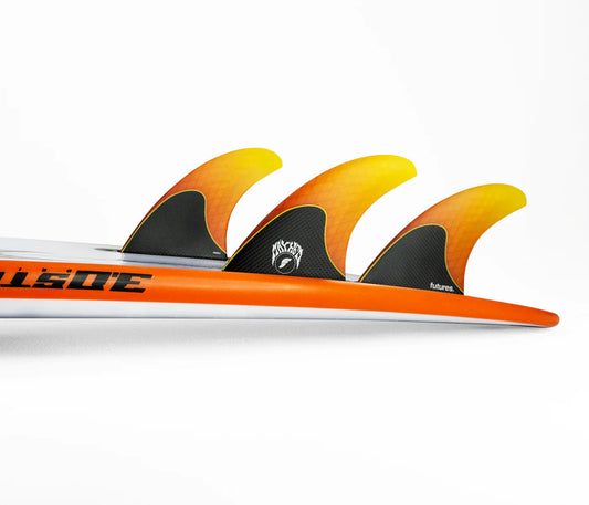 Mayhem 3.0 Honeycomb Tri Small Futures Fins installed on surfboard view