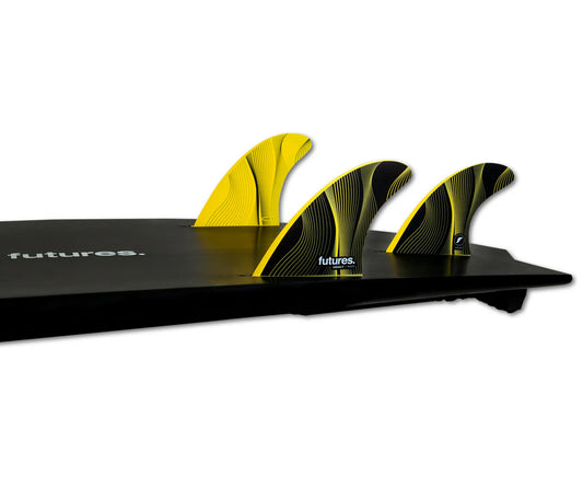 P6 Legacy Honeycomb Thruster Futures Fins installed on surfboard view