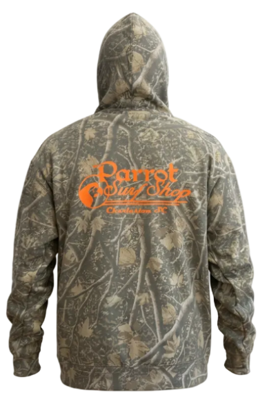 Parrot Camo Script Hoodie in Deadwood Tree Camo featuring large orange Parrot Surf Shop Charleston SC back graphic