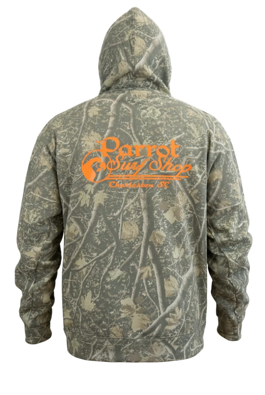 Parrot Camo Script Hoodie Youth front view featuring a small orange Parrot Surf Shop logo on a woodland camouflage fleece hoodie