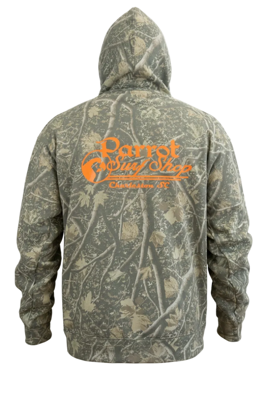 Parrot Camo Script Hoodie Youth front view featuring a small orange Parrot Surf Shop logo on a woodland camouflage fleece hoodie