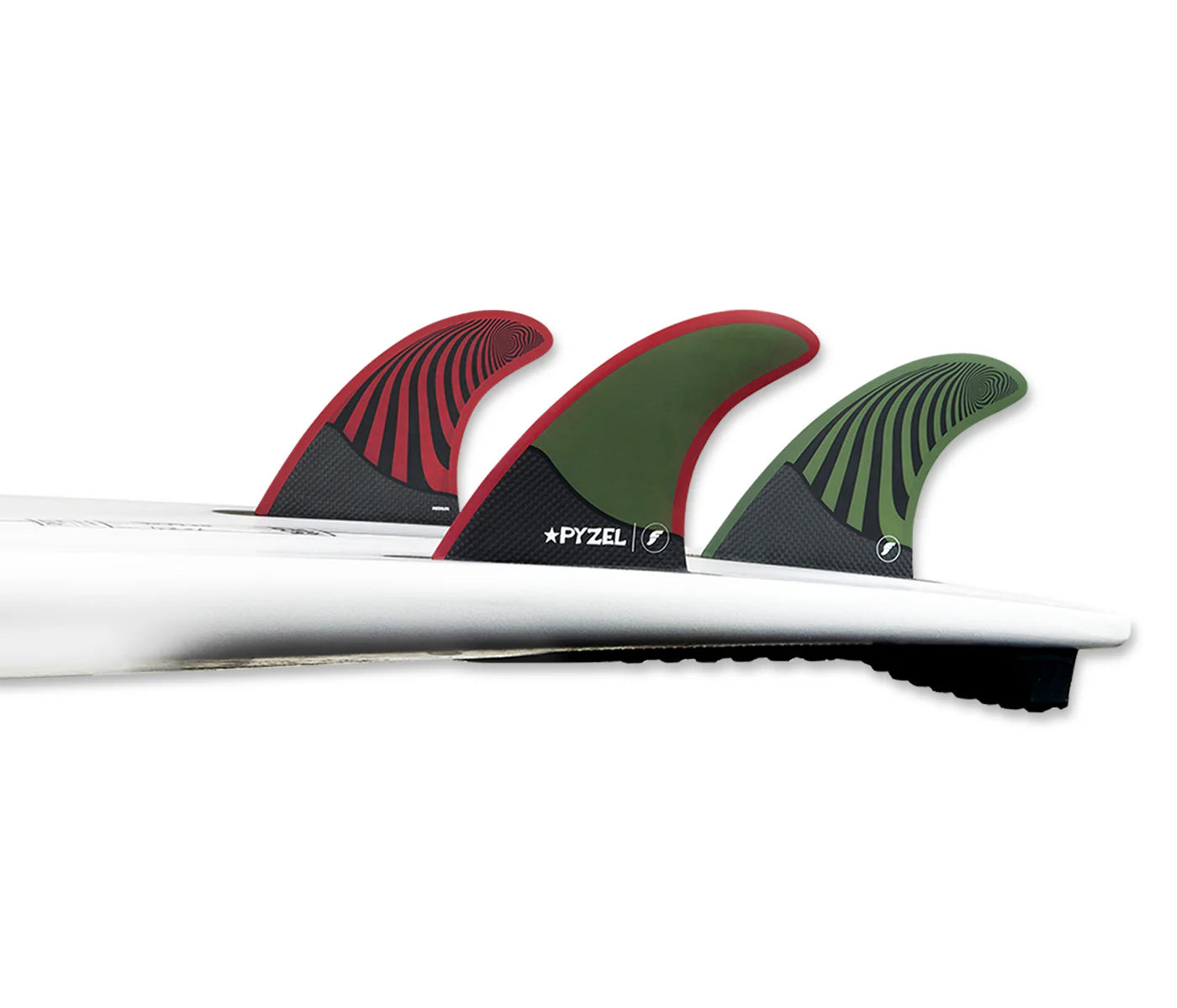 Pyzel Honeycomb Tri Medium Futures Fins installed on surfboard view