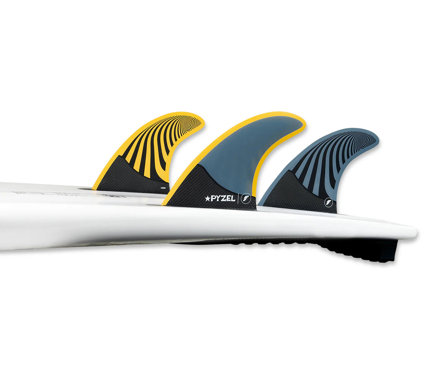 Pyzel Honeycomb Tri Thruster Large Futures Fins installed on surfboard view