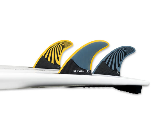 Pyzel Honeycomb Tri Thruster Large Futures Fins installed on surfboard view