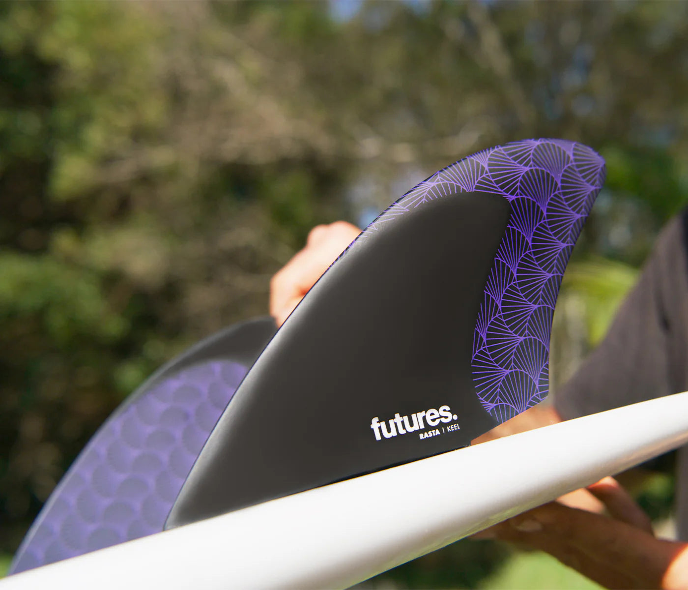 Rasta Honeycomb Keel Futures Fins installed on surfboard view