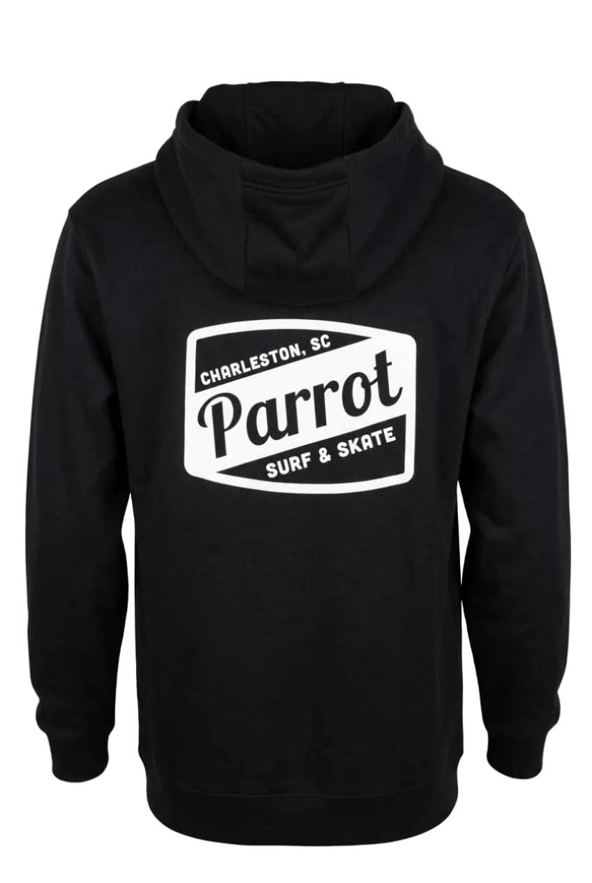 Parrot Surf & Skate Work Hoodie in black with white Charleston SC logo printed on the back