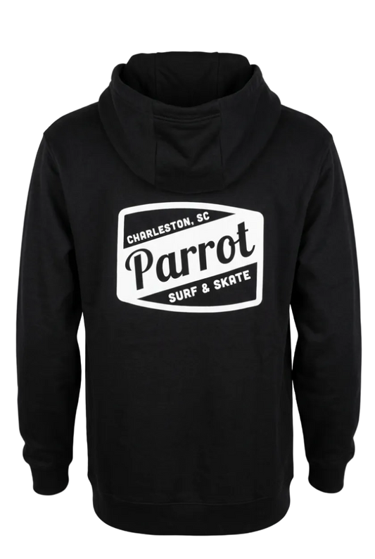 Parrot Surf & Skate Work Hoodie in black with white Charleston SC logo printed on the back