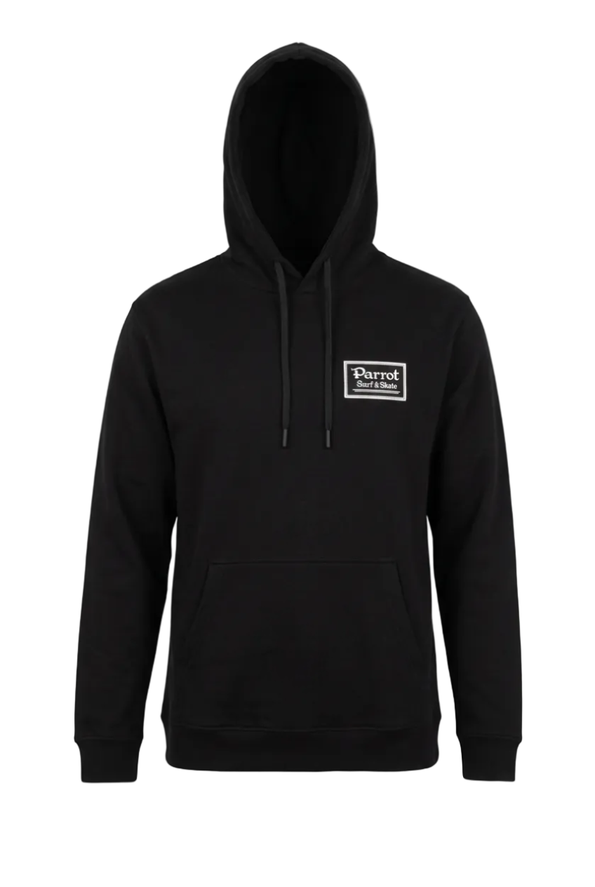 Parrot Surf & Skate Work Hoodie featuring the white Parrot Surf & Skate back graphic