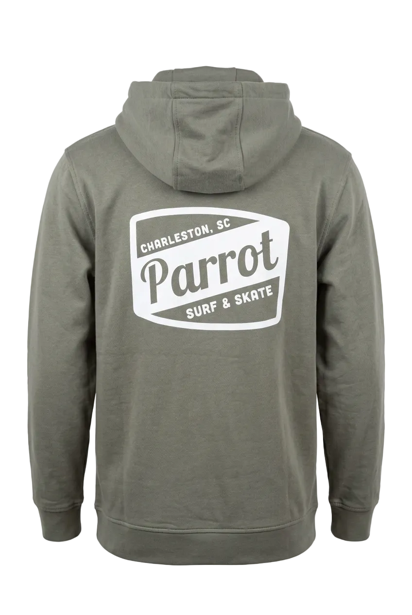 Parrot Surf & Skate Work Hoodie in pine with white Charleston SC logo printed on the back