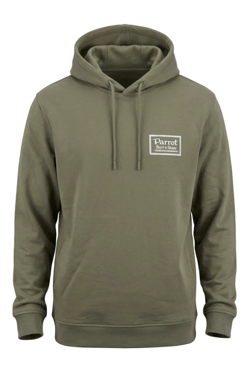 Parrot Surf & Skate Work Hoodie featuring the white Parrot Surf & Skate back graphic