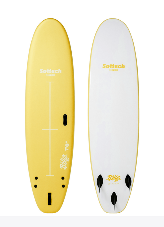 Softech Roller 2.0 ST 7 foot yellow surfboard profile view