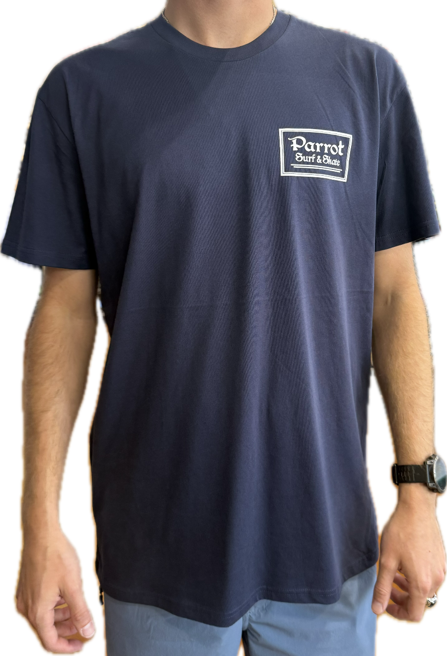 Parrot Surf Shop Box Logo Basic Tee navy front with chest logo