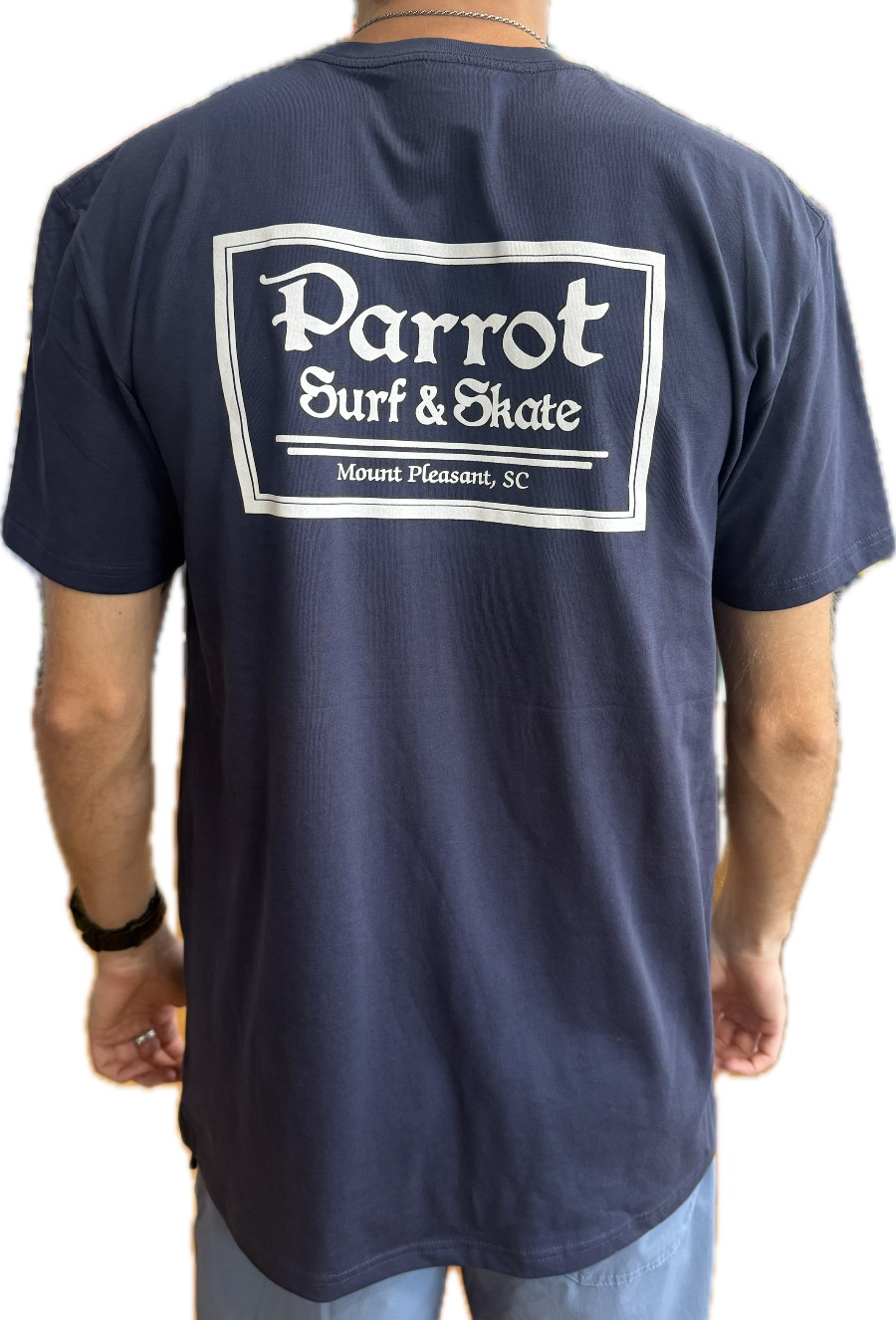 Parrot Surf Shop Box Logo Basic Tee navy back with large box logo graphic