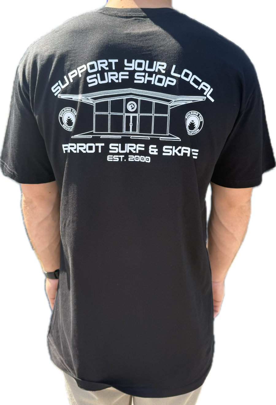Parrot Surf Shop x Building the Revolution Surf Shop Day Tee back graphic