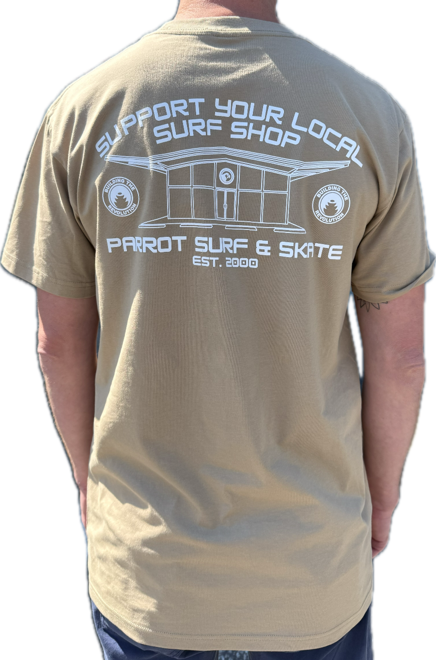 Parrot Surf Shop x Building the Revolution Surf Shop Day Tee back graphic