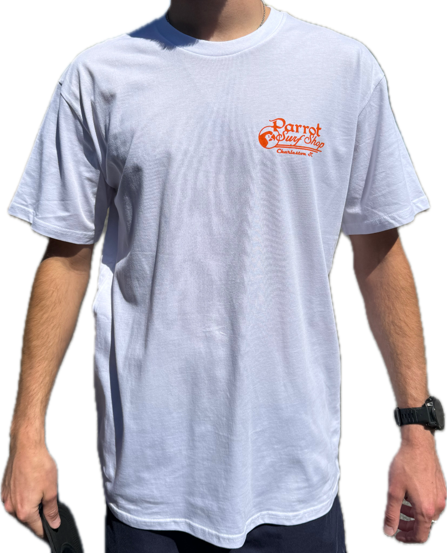 Parrot Surf Shop OG Script Tee front view with chest logo