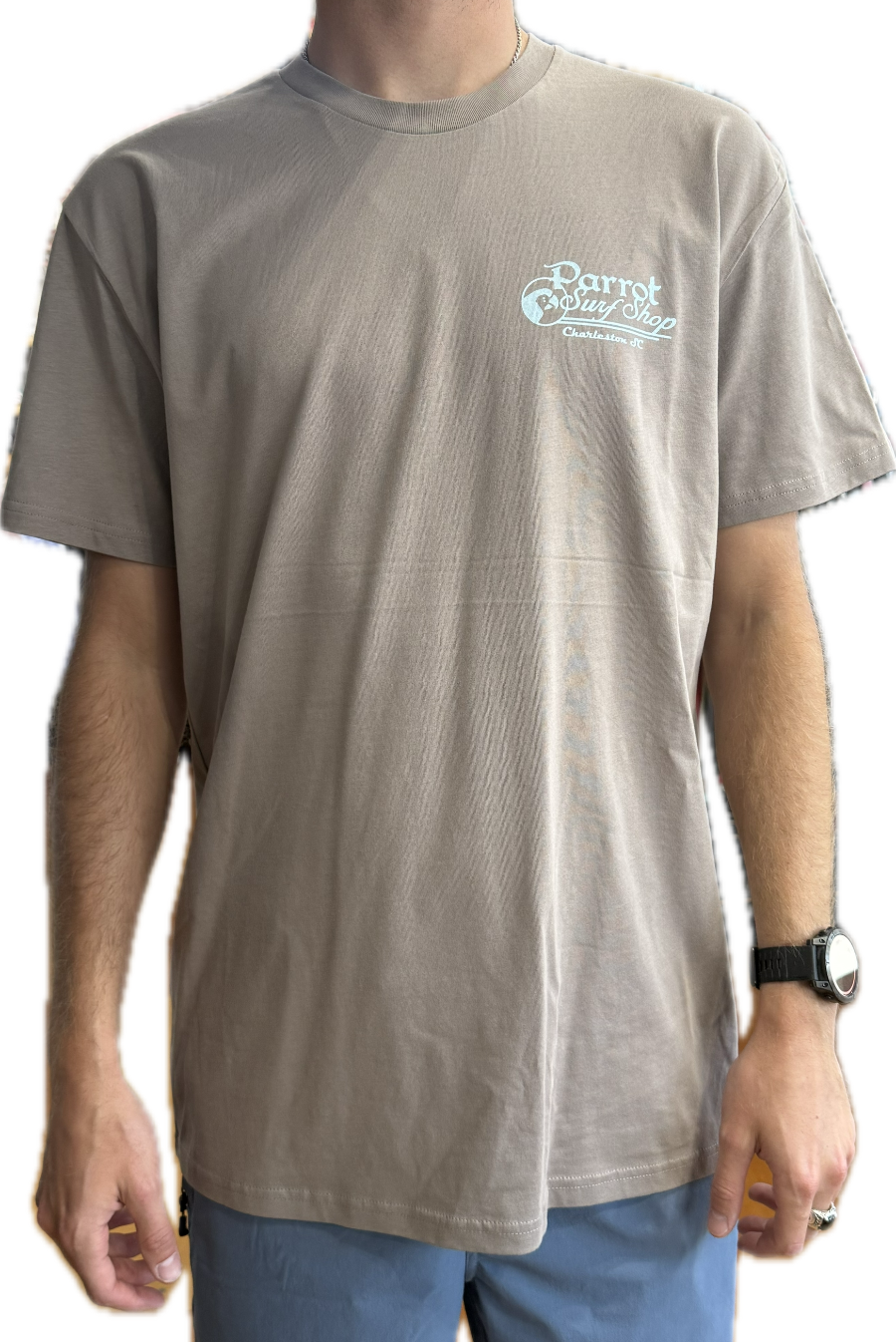 Parrot Surf Shop OG Script Tee front view with chest logo