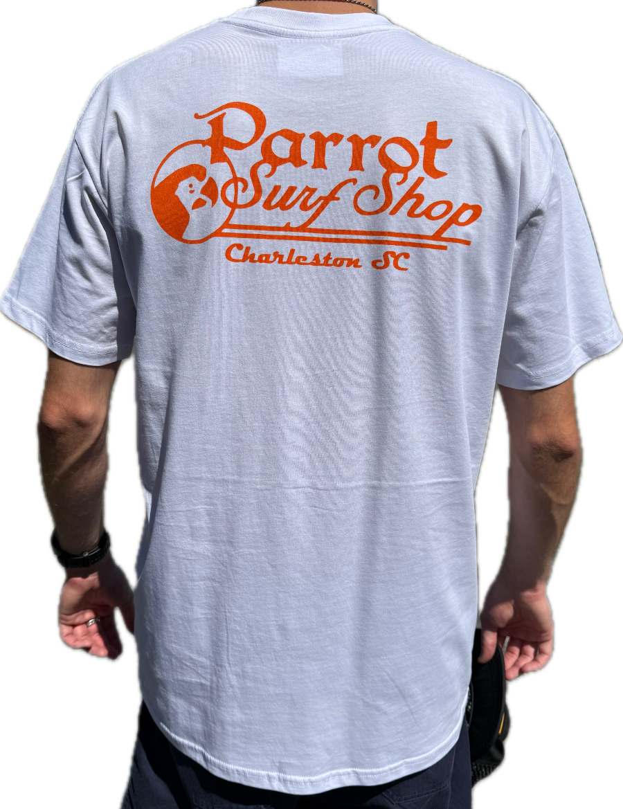 Parrot Surf Shop OG Script Tee back view with large script graphic