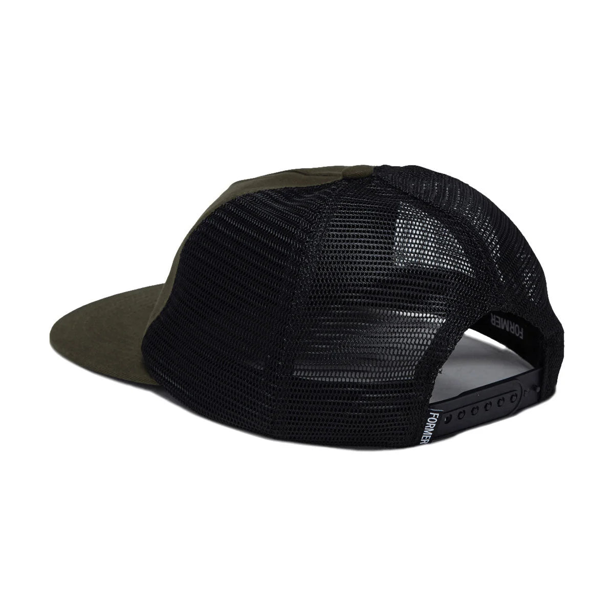 Former Tape Crux Trucker black green hat angled view
