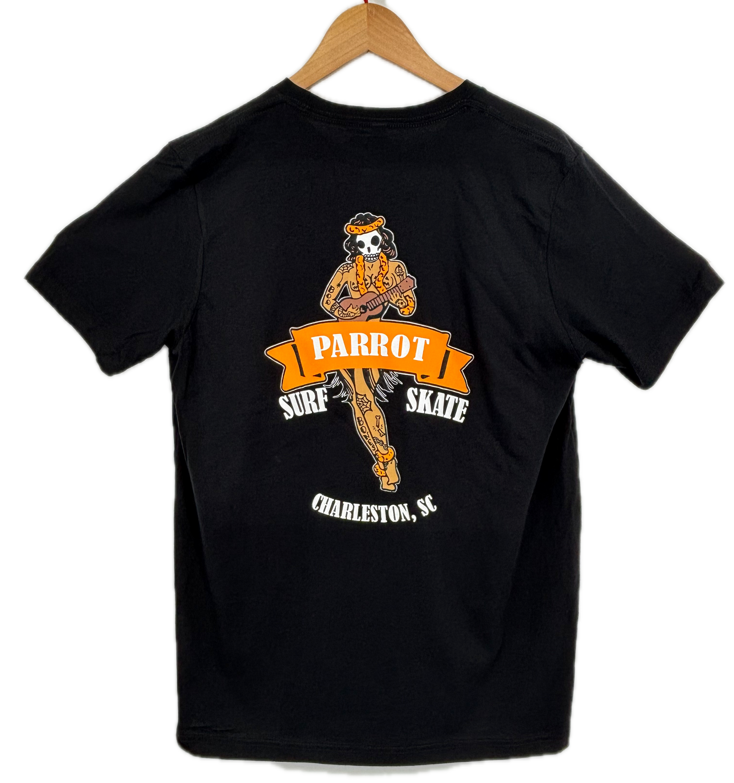 Parrot Surf Shop Hula Girl Halloween tee black with coastal graphic print