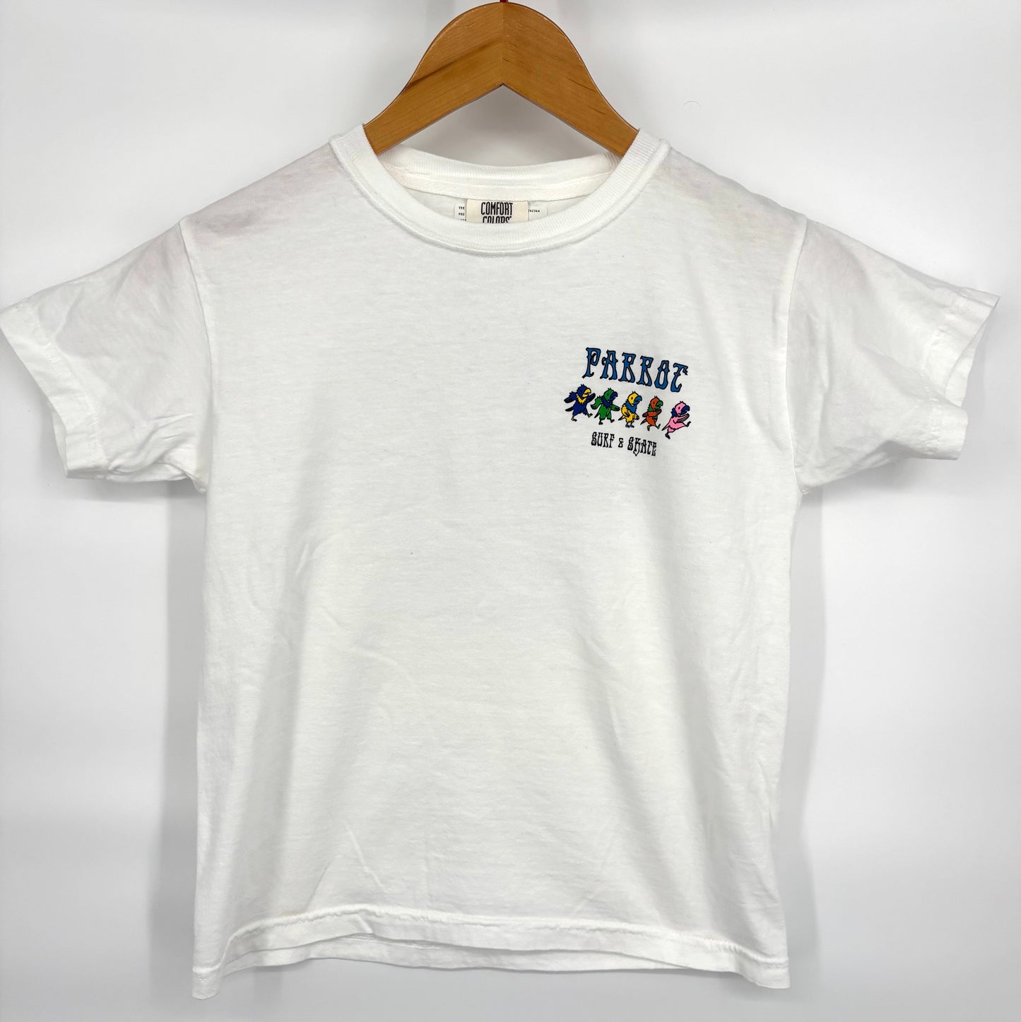 White color Dancing Parrots Youth Tie-Dye T-Shirt – Heavyweight Cotton skateboarding product with logo design