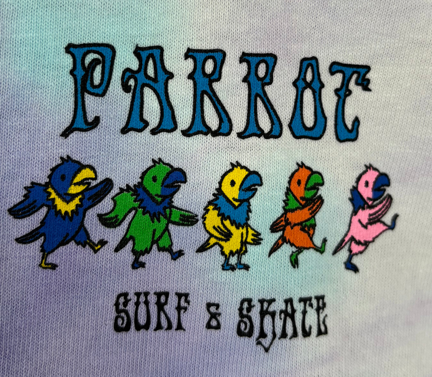 Front view of Dancing Parrots Youth Tie-Dye T-Shirt – Heavyweight Cotton skateboarding product design