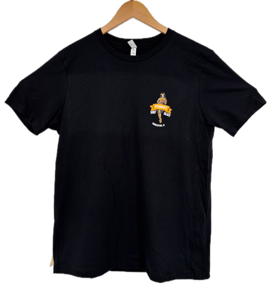 Parrot Surf Shop Hula Girl Halloween black t-shirt front graphic view