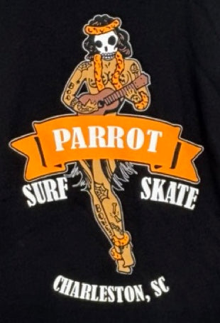 Parrot Surf Shop Hula Girl Halloween t-shirt worn lifestyle photo
