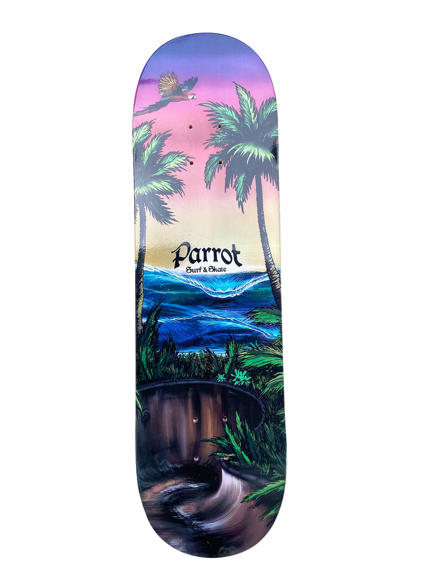 Parrot Surf Shop 8.0 skate deck tropical sunset design with palm trees ocean and parrot