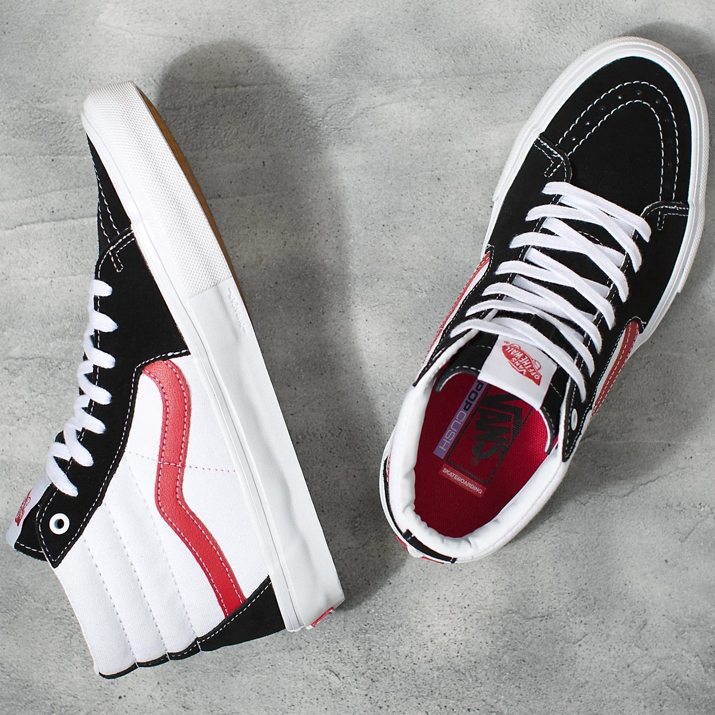 Vans Skate SK8 Hi 458, athletic black and red high top skate shoes size 5.5
